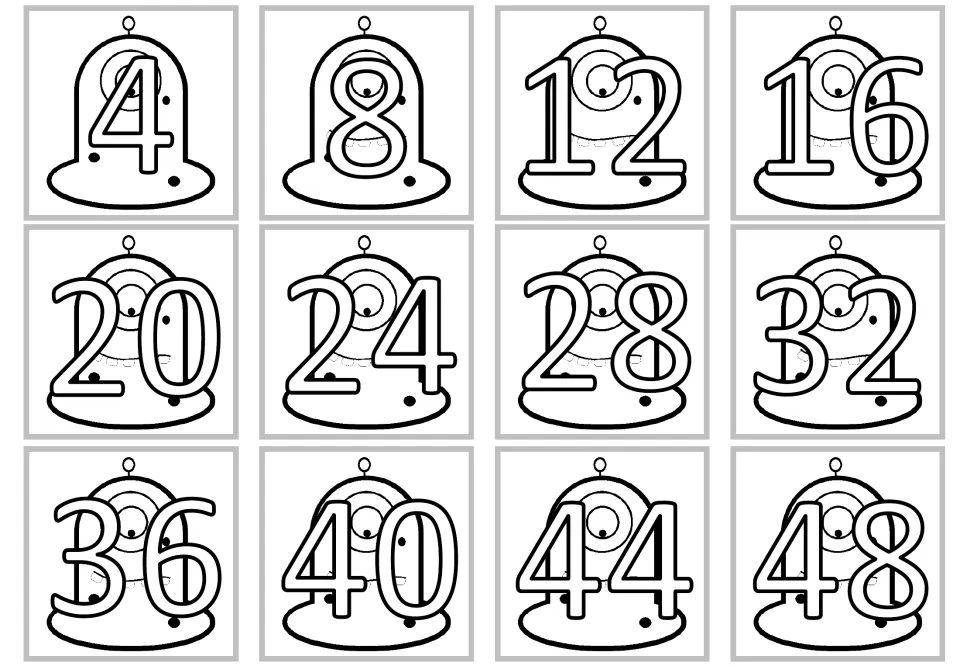 Product cards for multiplication by 4, showing 4 through 48 in increments of 4 with thin outlined numerals