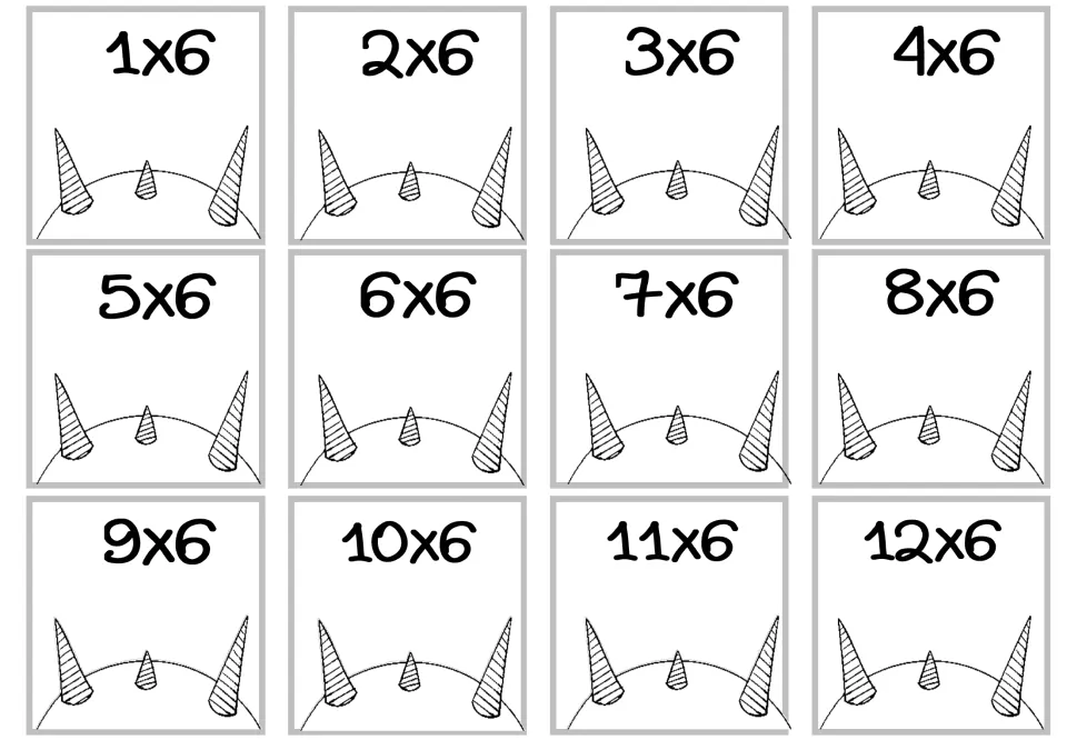 Multiplication-by-6 fact cards: 12 expressions from 1 × 6 through 12 × 6 for the monster craft card set