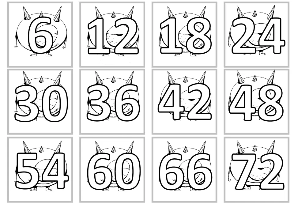 Matching product cards for the ×6 facts: 6, 12, 18, 24, 30, 36, 42, 48, 54, 60, 66, and 72 in bold outline