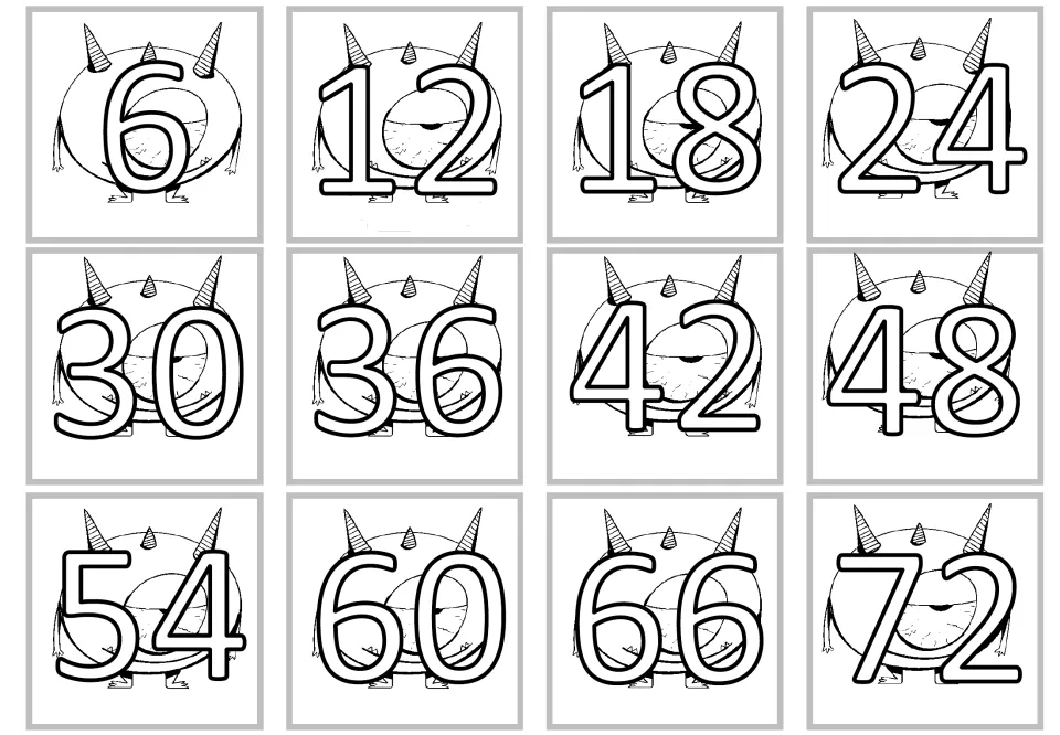 Alternate product cards for the ×6 facts: 6, 12, 18, 24, 30, 36, 42, 48, 54, 60, 66, and 72 in thin outline