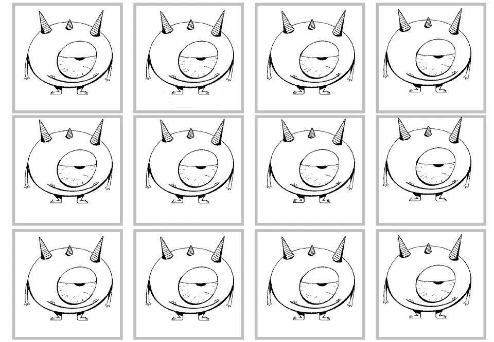 Twelve blank monster cards for the multiplication-by-6 craft set, each featuring a full monster to color