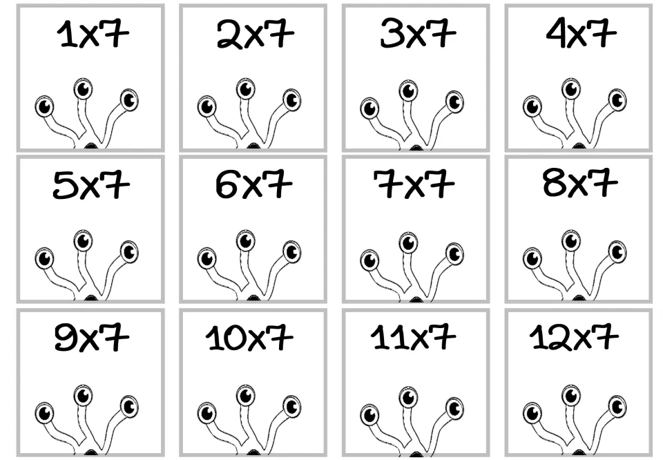 Multiplication fact cards for the 7 times table: 12 cards showing 1×7 through 12×7 for flash card practice