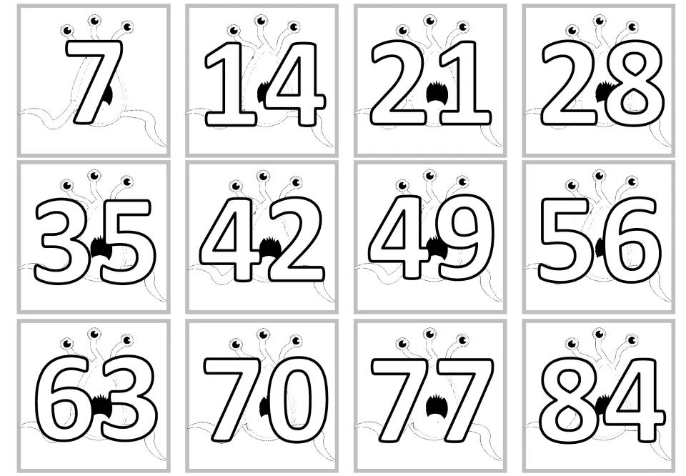 Twelve multiplication product cards show multiples of 7 from 7 to 84 in bold outline numbers to color