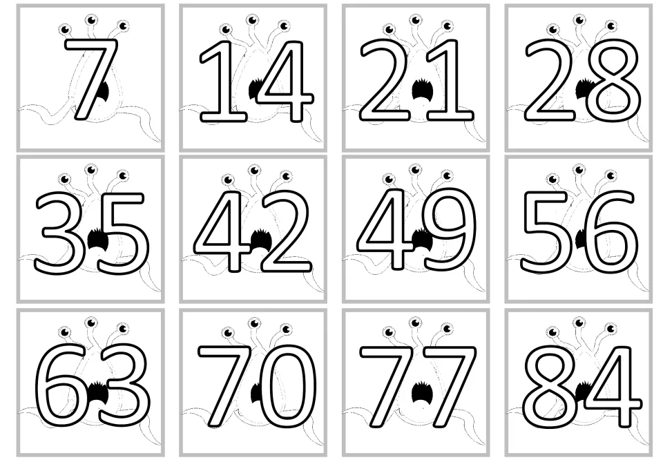 Twelve alternate multiplication product cards show multiples of 7 from 7 to 84 in thin outline numbers