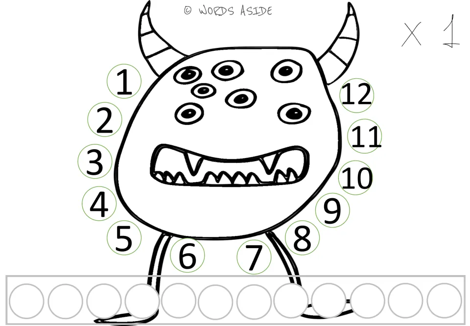 x 1 monster mat: students count by ones from 1 to 12 around a horned monster, placing a counter for each added group