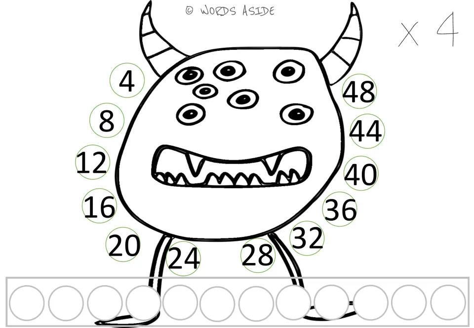 x 4 monster mat: students add groups of 4, following multiples 4 to 48 around the monster while placing counters below