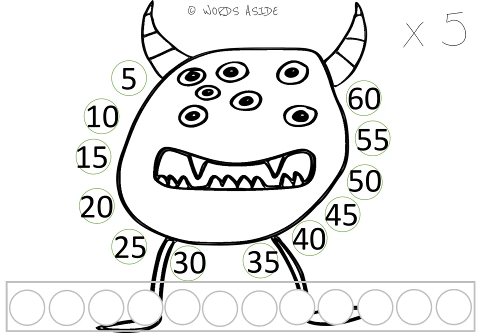x 5 monster mat: skip counting by fives from 5 to 60 around the horned monster, one counter for each group of 5 added