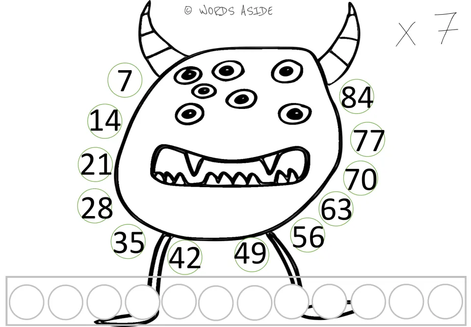 x 7 monster mat: students add groups of 7, matching each counter placed to multiples 7 to 84 circled around the monster