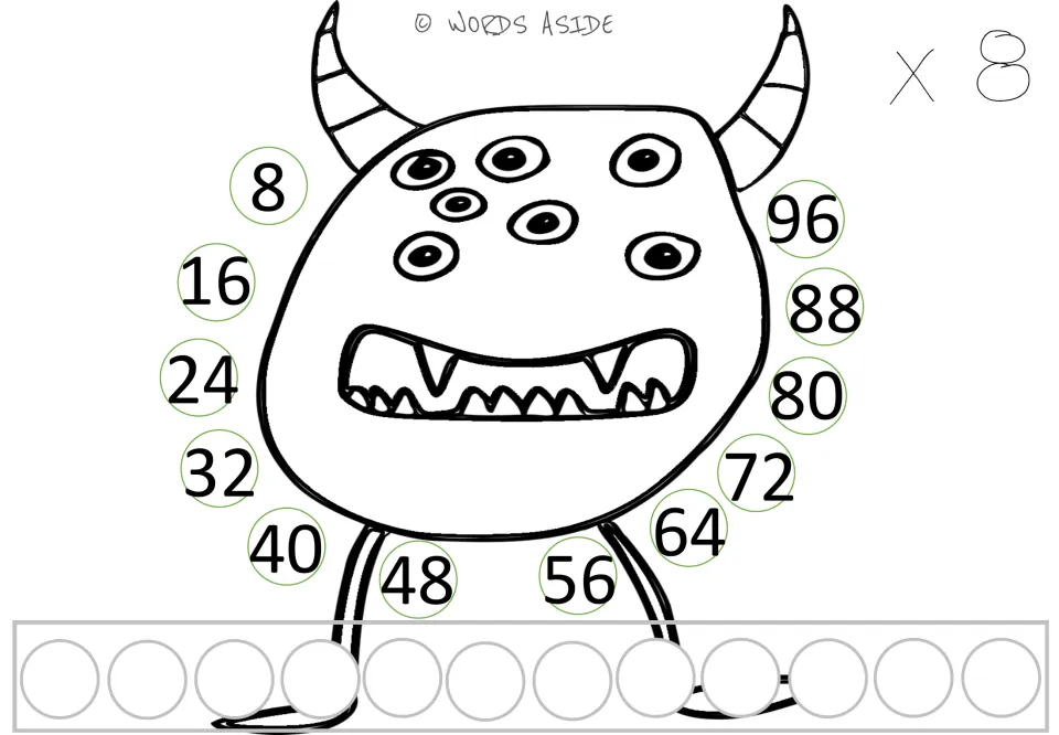 x 8 monster mat: skip counting by eights from 8 to 96 around the monster, with 12 counter spots for building equal groups