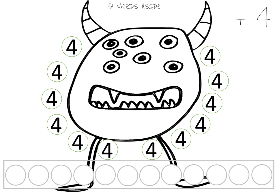 Repeated addition mat for 4: twelve 4s and a +4 prompt for multiplication and repeated addition practice.