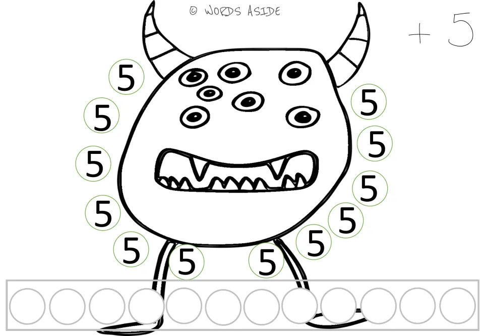 Repeated addition mat for 5: twelve 5s and a +5 prompt for multiplication and repeated addition practice.