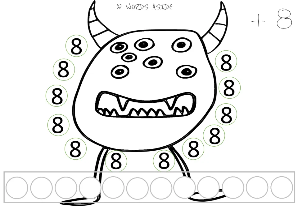 Repeated addition mat for 8: twelve 8s and a +8 prompt for multiplication and repeated addition practice.
