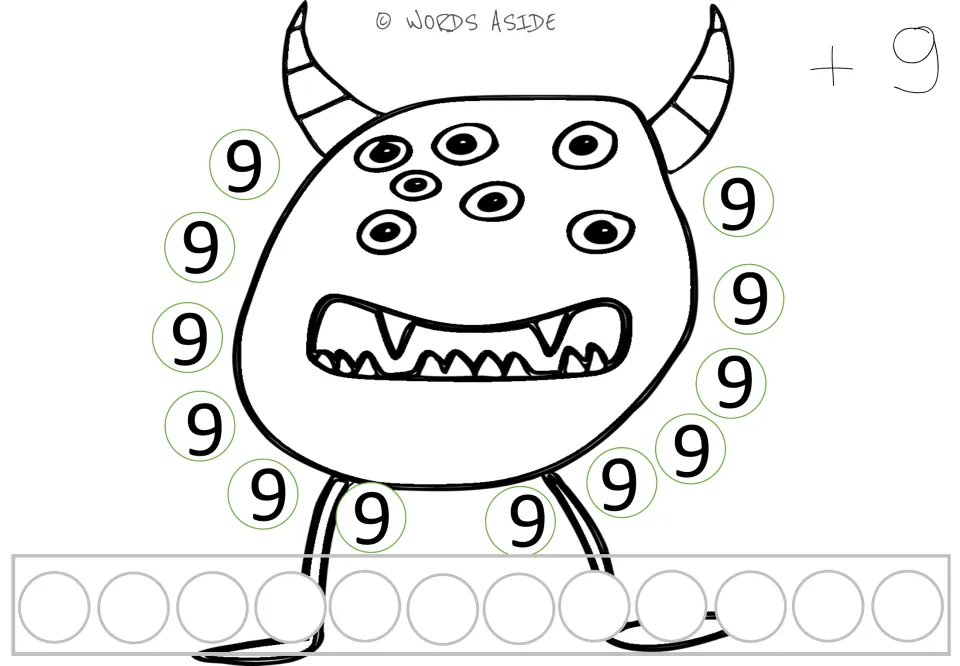 Repeated addition mat for 9: twelve 9s and a +9 prompt for multiplication and repeated addition practice.