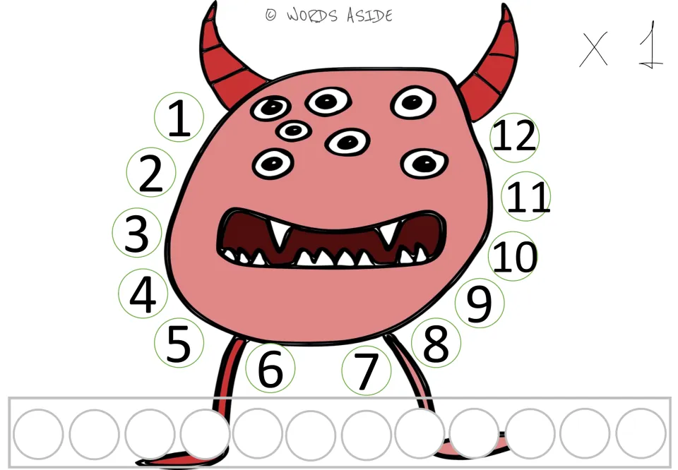 Times 1 mat: a horned pink monster ringed by numbers 1 to 12 for counting by ones, with 12 blank spots along the bottom