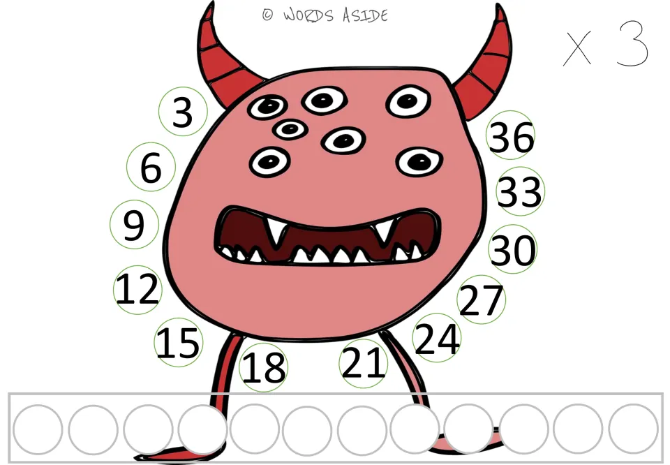 Times 3 mat: multiples of 3 from 3 to 36 circle the horned monster for skip counting, plus 12 blank spots below