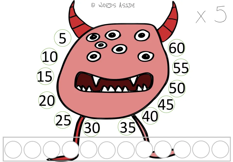 Times 5 mat: counting by fives from 5 to 60 around a pink monster with horns, with 12 empty spots for repeated addition