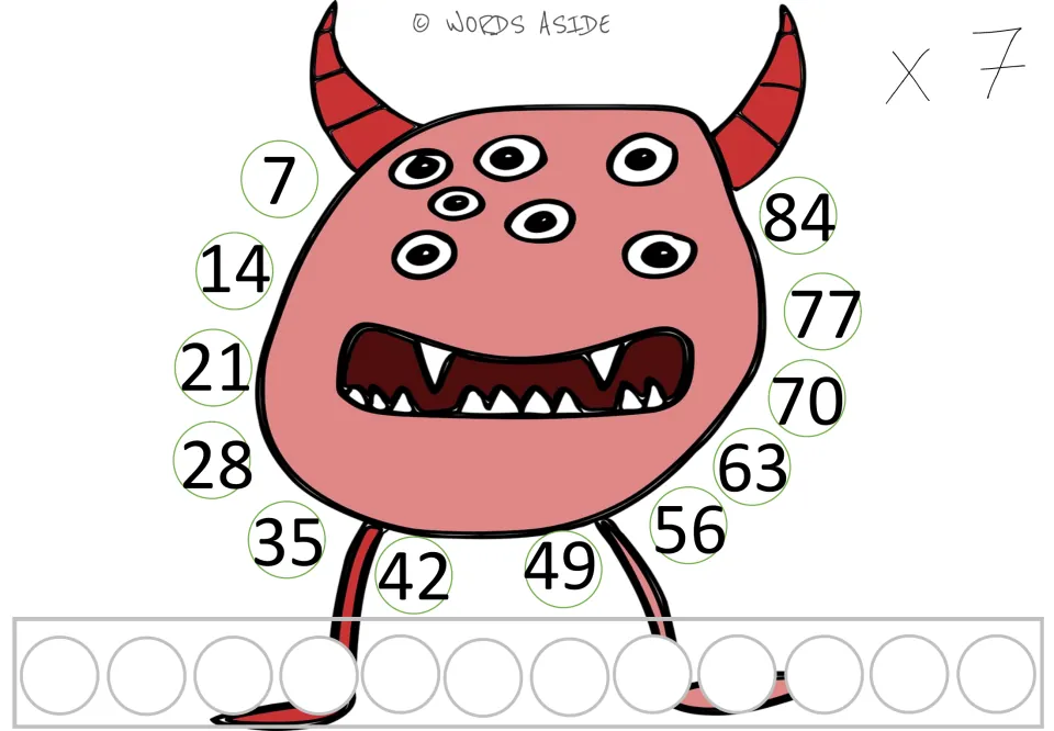 Times 7 mat: skip counting by sevens from 7 to 84 around the horned monster, with 12 blank spots for building each group