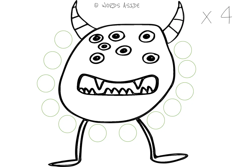 Multiplication repeated addition mat 4 of 10, labeled ×4, with a seven-eyed monster and 12 empty circles.