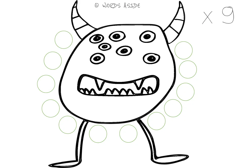 Multiplication repeated addition mat 9 of 10, labeled ×9, with a seven-eyed monster and 12 empty circles.