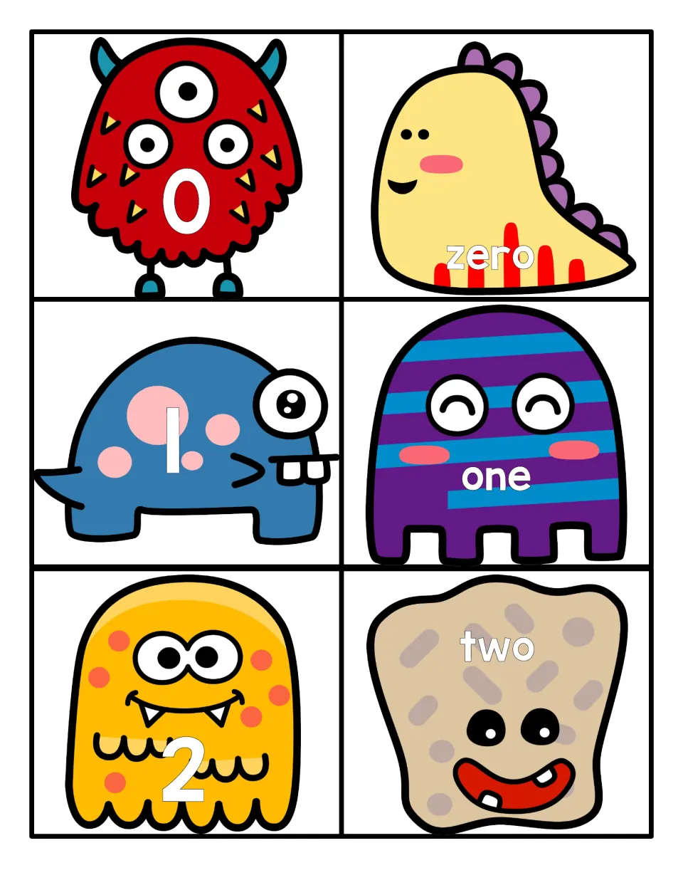 Numbers 0 to 2: six monster cards show numerals 0, 1 and 2 and the words zero, one and two for matching numeral to word