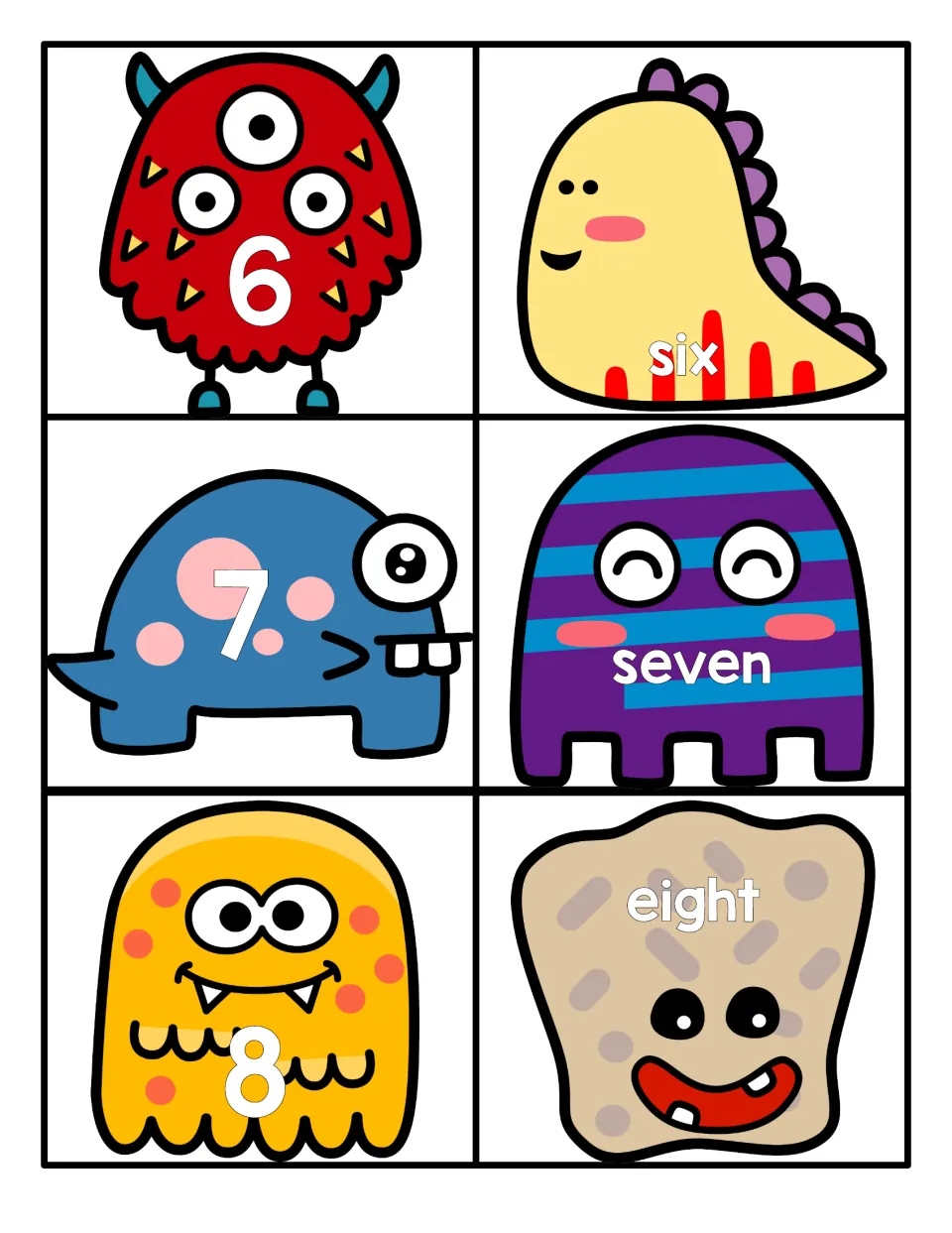 Numbers 6 to 8: red, blue and yellow monsters show 6, 7 and 8 while matching monsters spell six, seven and eight