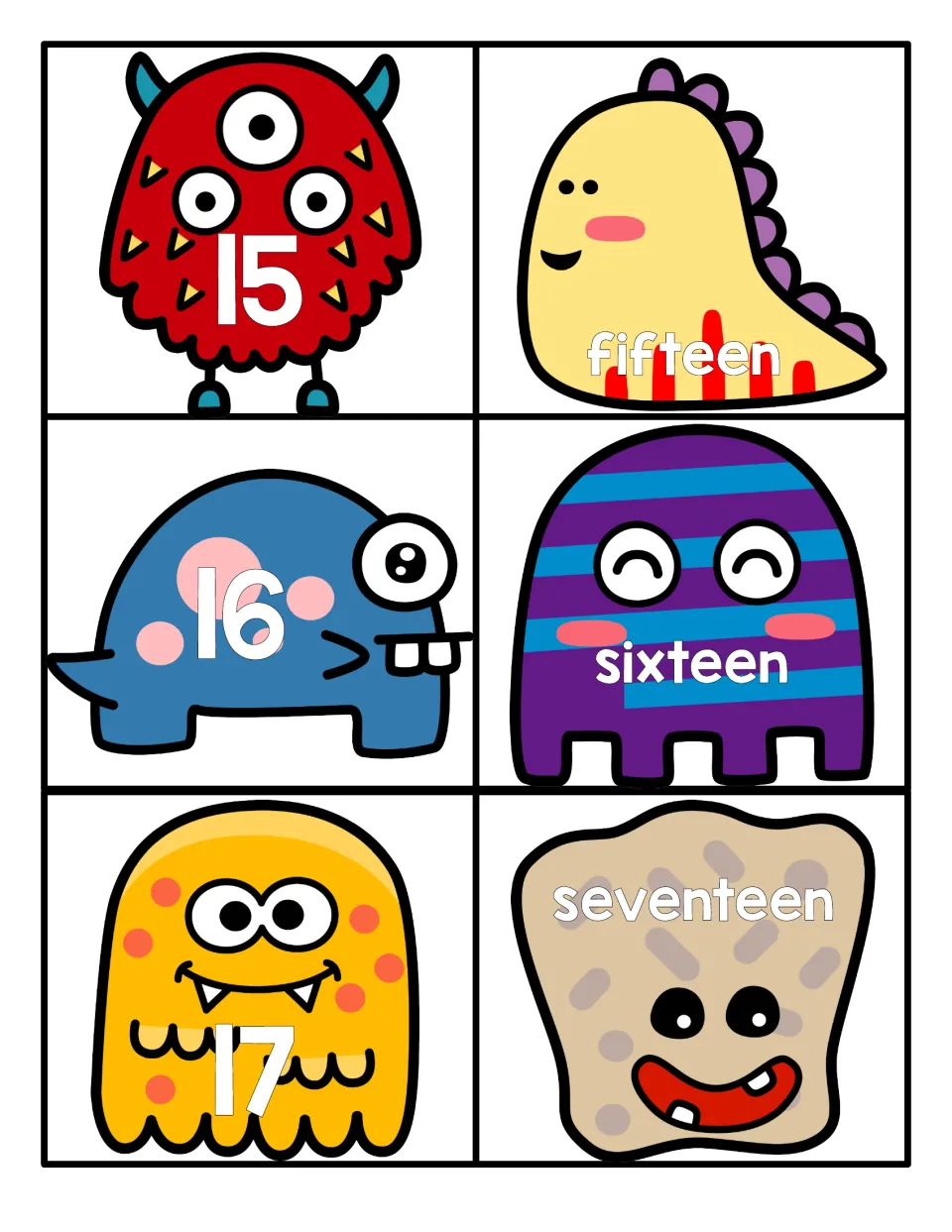 Teen numbers 15 to 17: monster cards show 15, 16 and 17 alongside word cards for fifteen, sixteen and seventeen to match