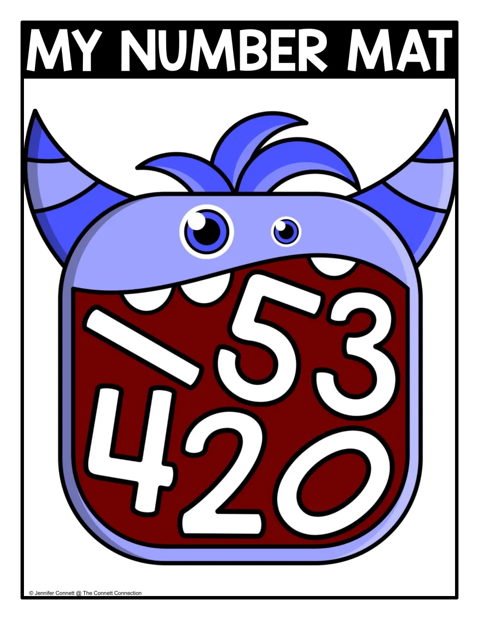 Number recognition 0 to 5: a blue horned monster's open mouth holds jumbled numerals 0-5 for students to find and name