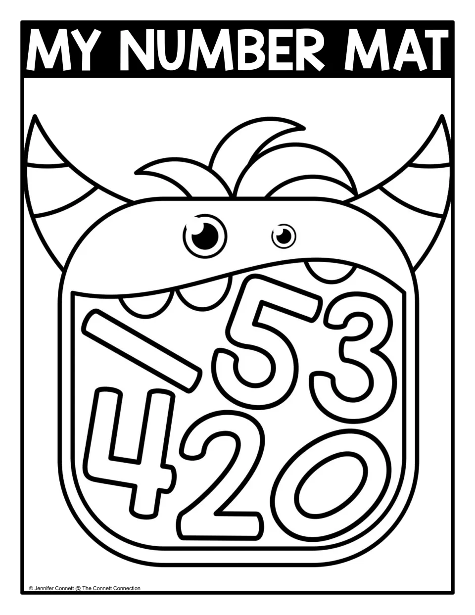 Number recognition 0 to 5, coloring version: outlined numerals 0-5 jumbled in a horned monster's mouth to find and color
