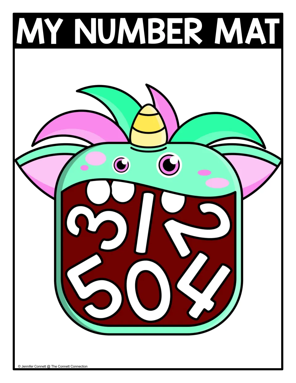 Numbers 0 to 5 hunt: a mint-green monster with a candy corn horn holds scattered numerals 0-5 for students to spot and say