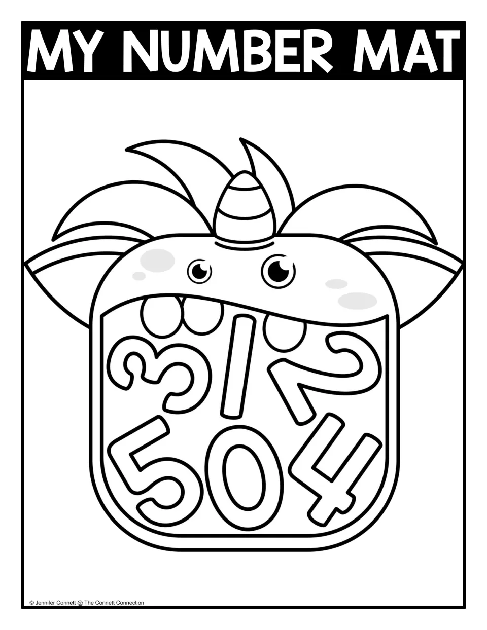 Numbers 0 to 5, line art: candy corn horned monster with outlined numerals 0-5 tilted in its mouth to locate and color in