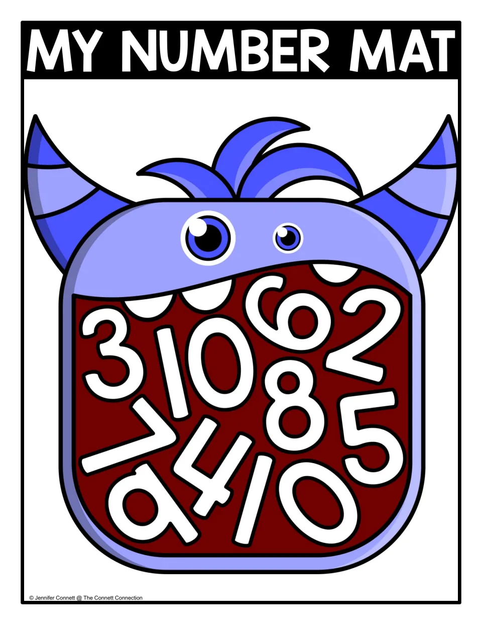 Number recognition 0 to 10: blue horned monster's mouth is packed with jumbled numerals 0-10 for students to search out