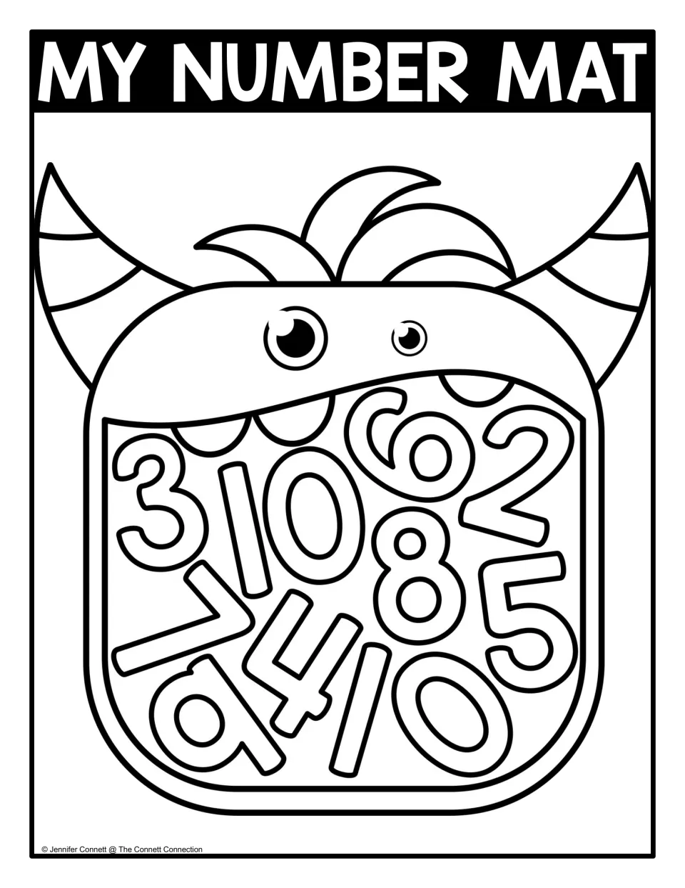 Numbers 0 to 10, coloring version: outlined numerals 0-10 crowd a horned monster's mouth for students to find and shade