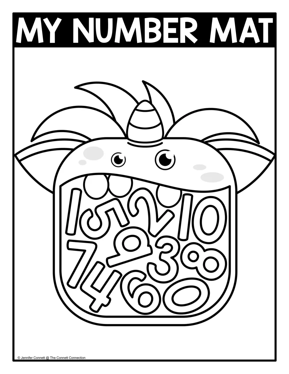 Numbers 0 to 10, line art: candy corn monster outline with numerals 0-10 strewn in its mouth to find and color