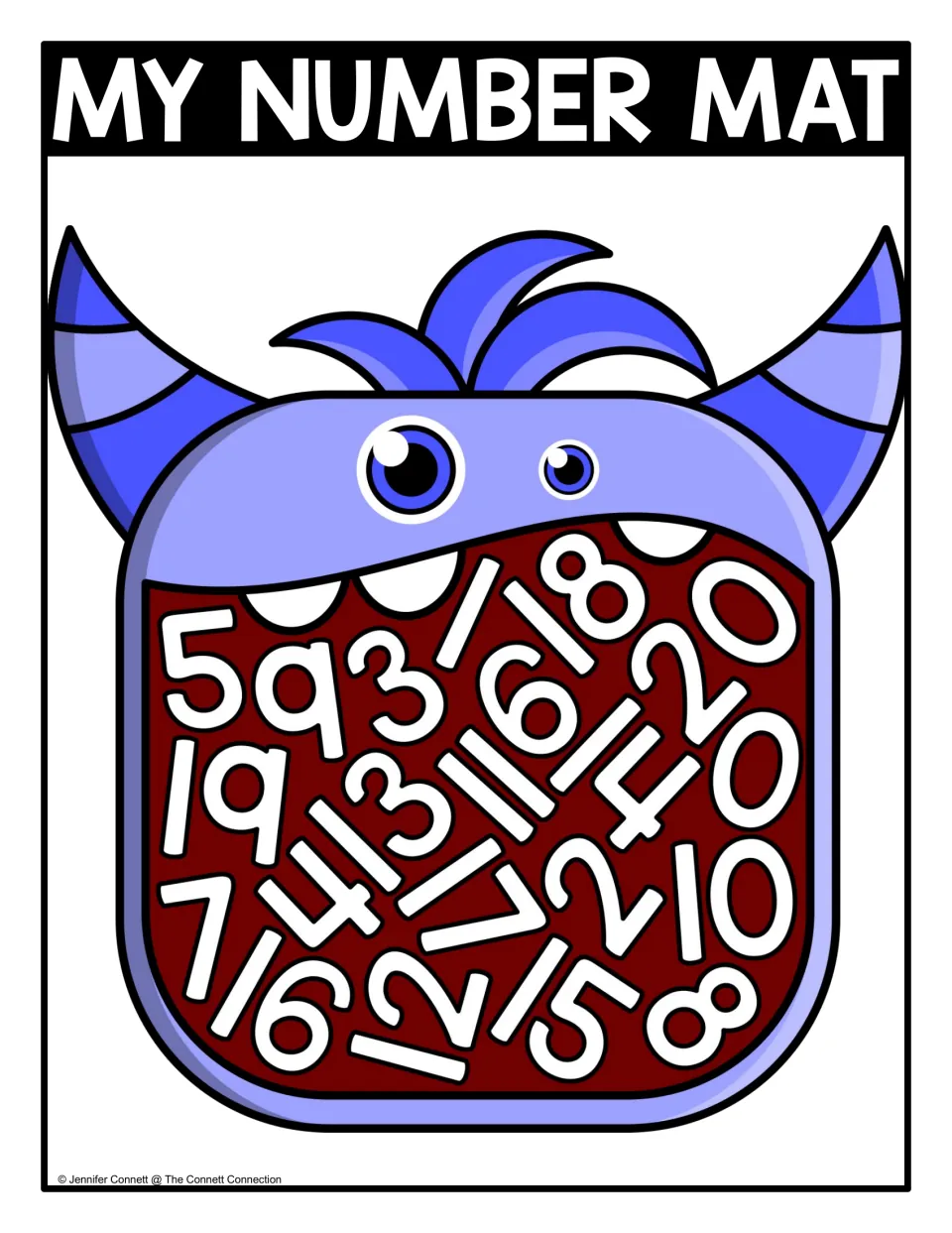 Number recognition 0 to 20: blue horned monster's mouth crowded with numerals 0-20, teens included, to find one by one
