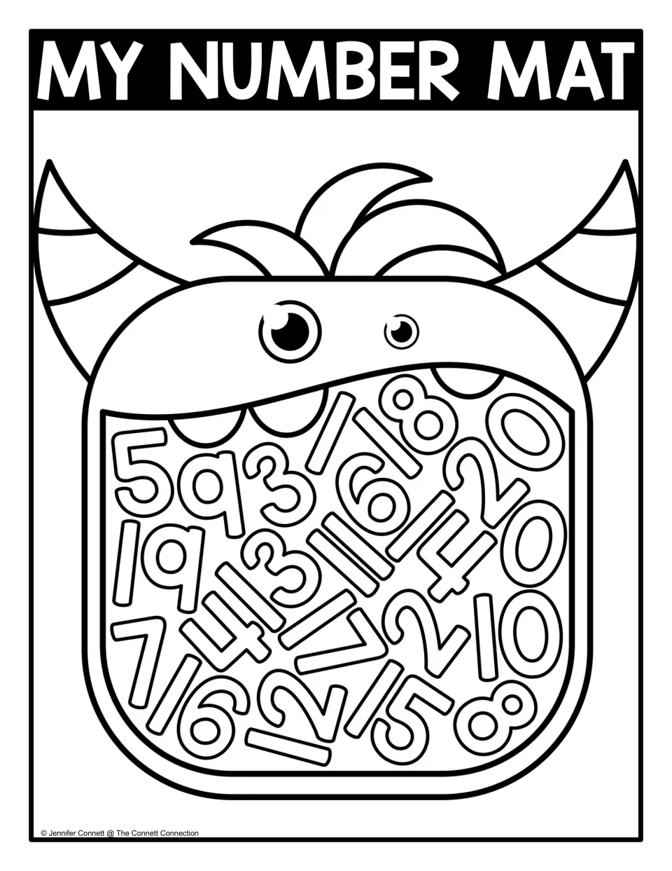 Numbers 0 to 20, coloring version: outlined numerals 0-20 packed in a horned monster's mouth to locate and color
