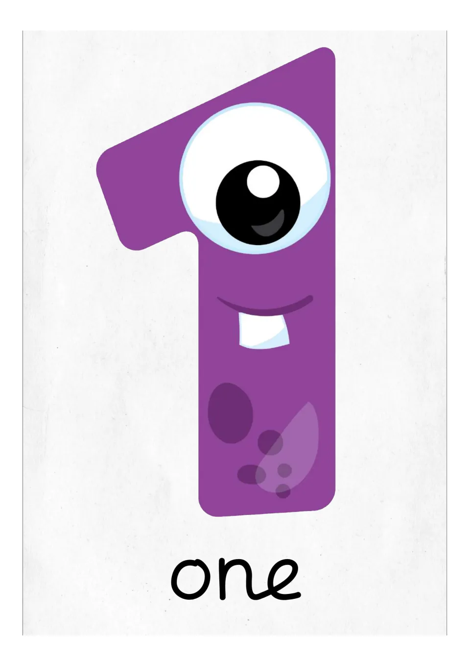 Number 1 flash card or classroom poster featuring a purple monster numeral and the English word 'one'