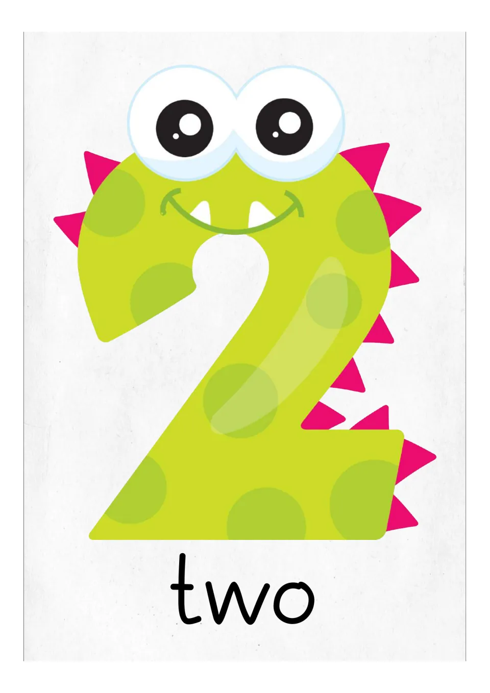 Number 2 flash card or classroom poster featuring a green monster numeral and the English word 'two'