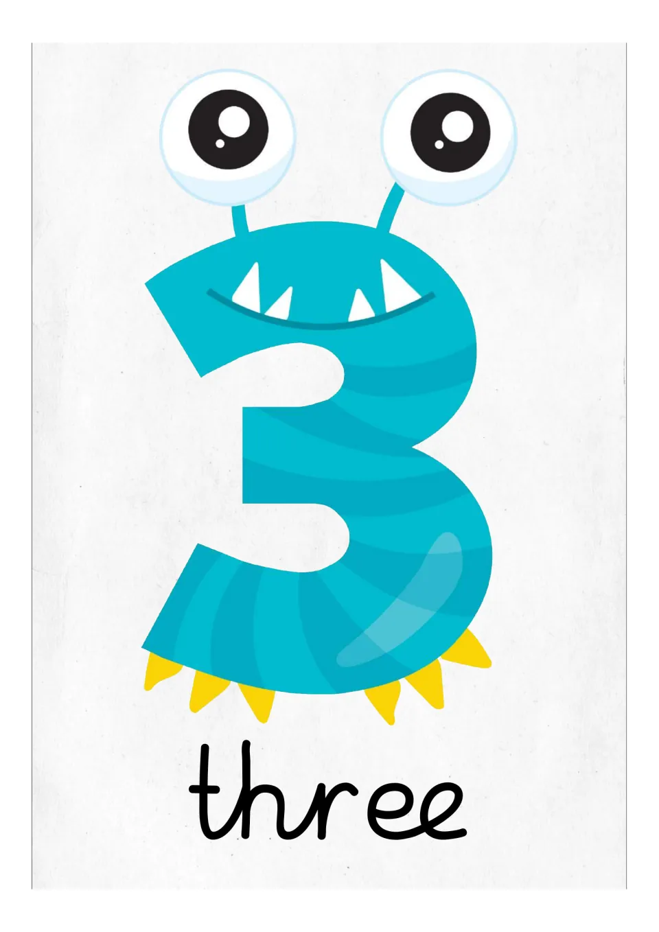 Number 3 flash card or classroom poster featuring a turquoise monster numeral and the English word 'three'
