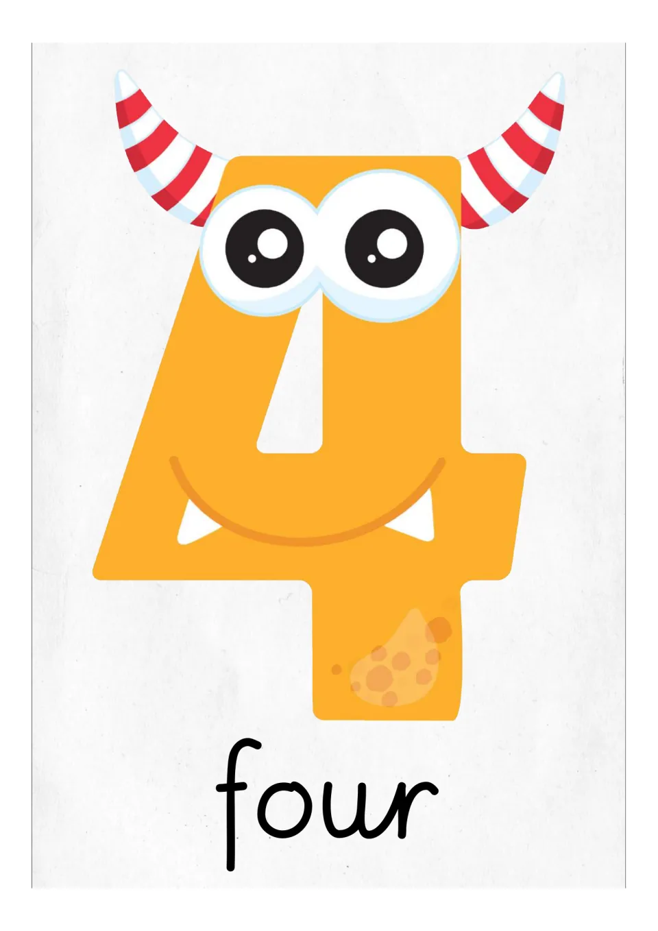 Number 4 flash card or classroom poster featuring an orange monster numeral and the English word 'four'