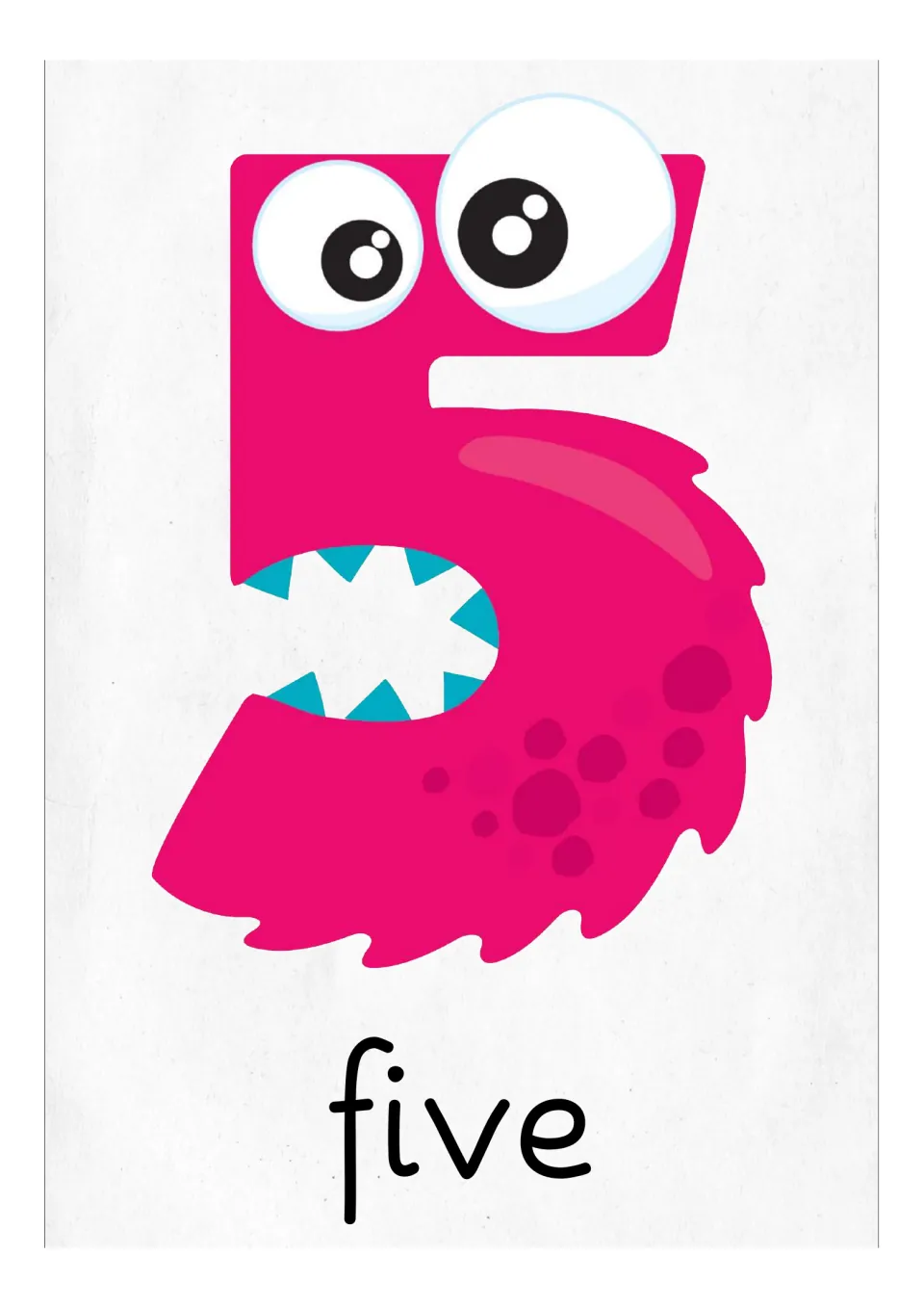 Number 5 flash card or classroom poster featuring a pink monster numeral and the English word 'five'