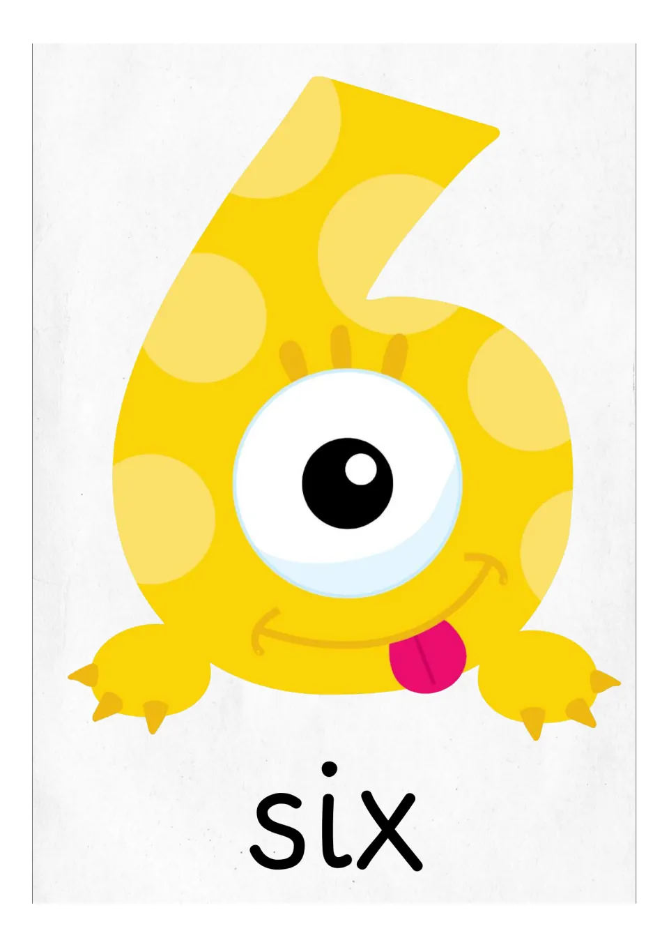 Number 6 flash card or classroom poster featuring a yellow monster numeral and the English word 'six'