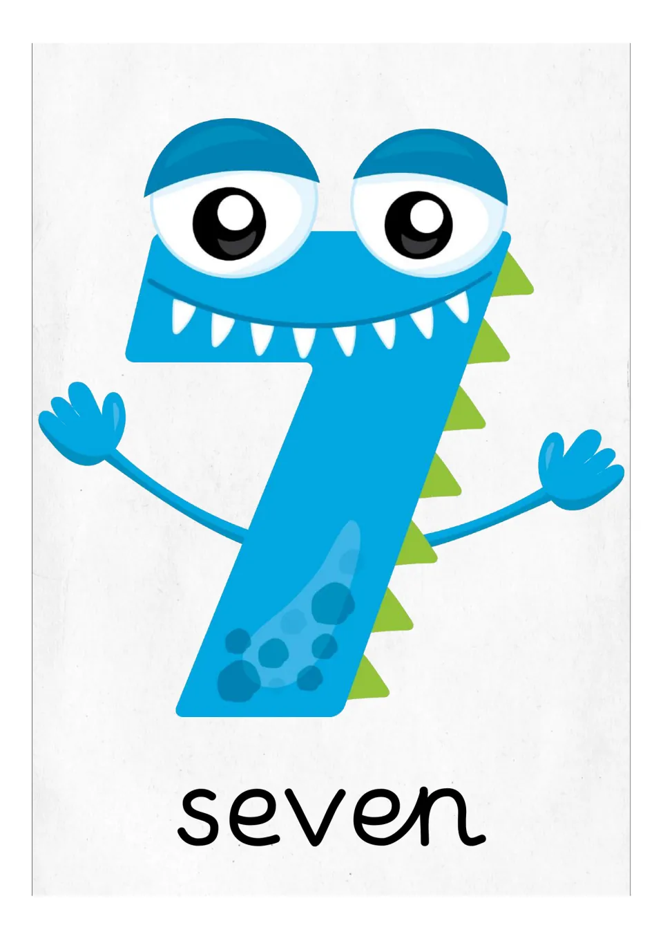 Number 7 flash card or classroom poster featuring a blue monster numeral and the English word 'seven'