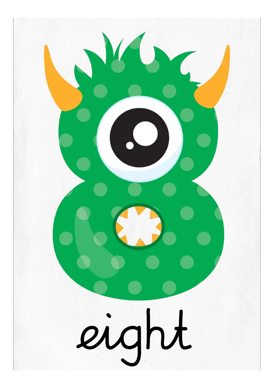 Number 8 flash card or classroom poster featuring a green monster numeral and the English word 'eight'