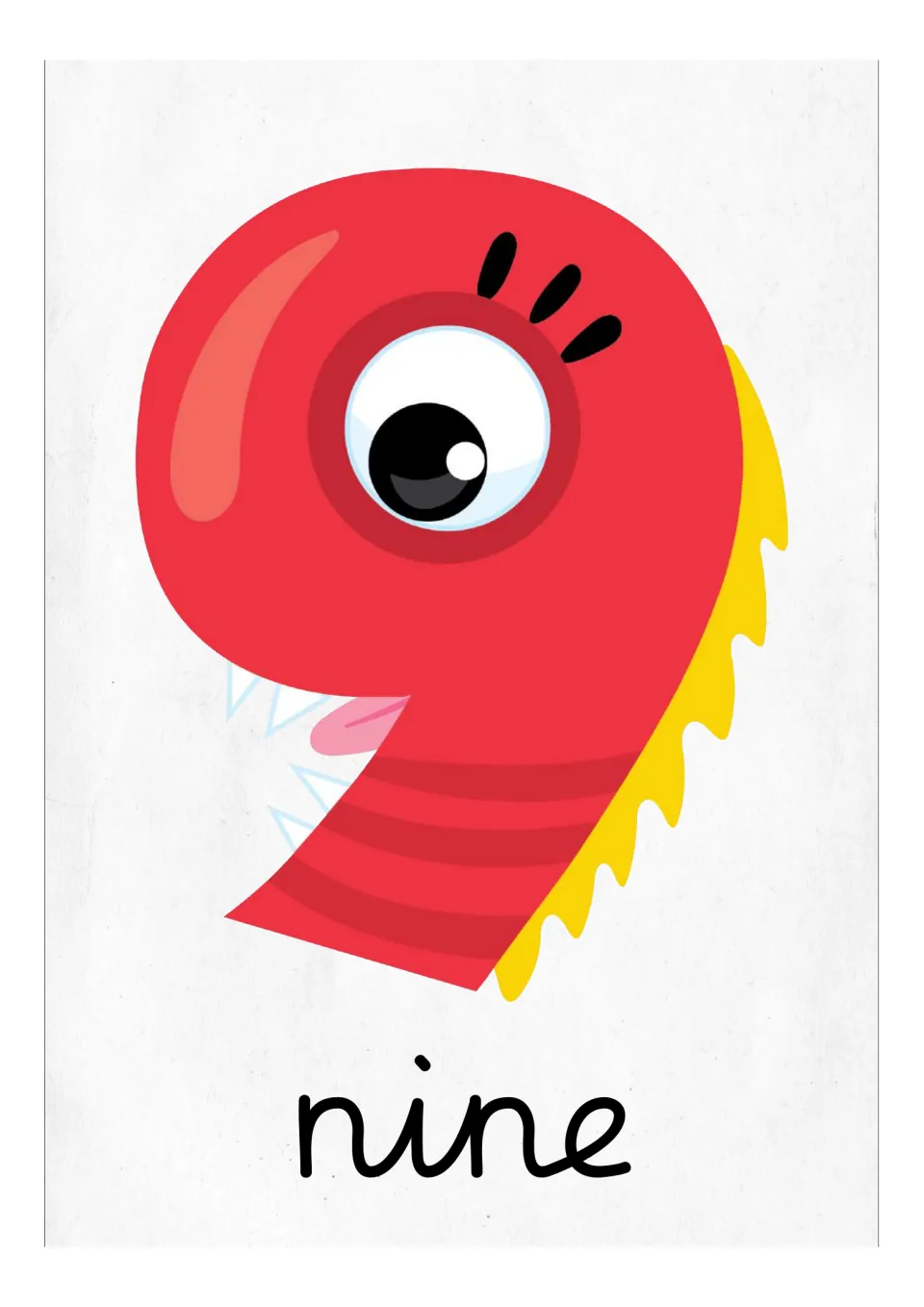 Number 9 flash card or classroom poster featuring a red monster numeral and the English word 'nine'