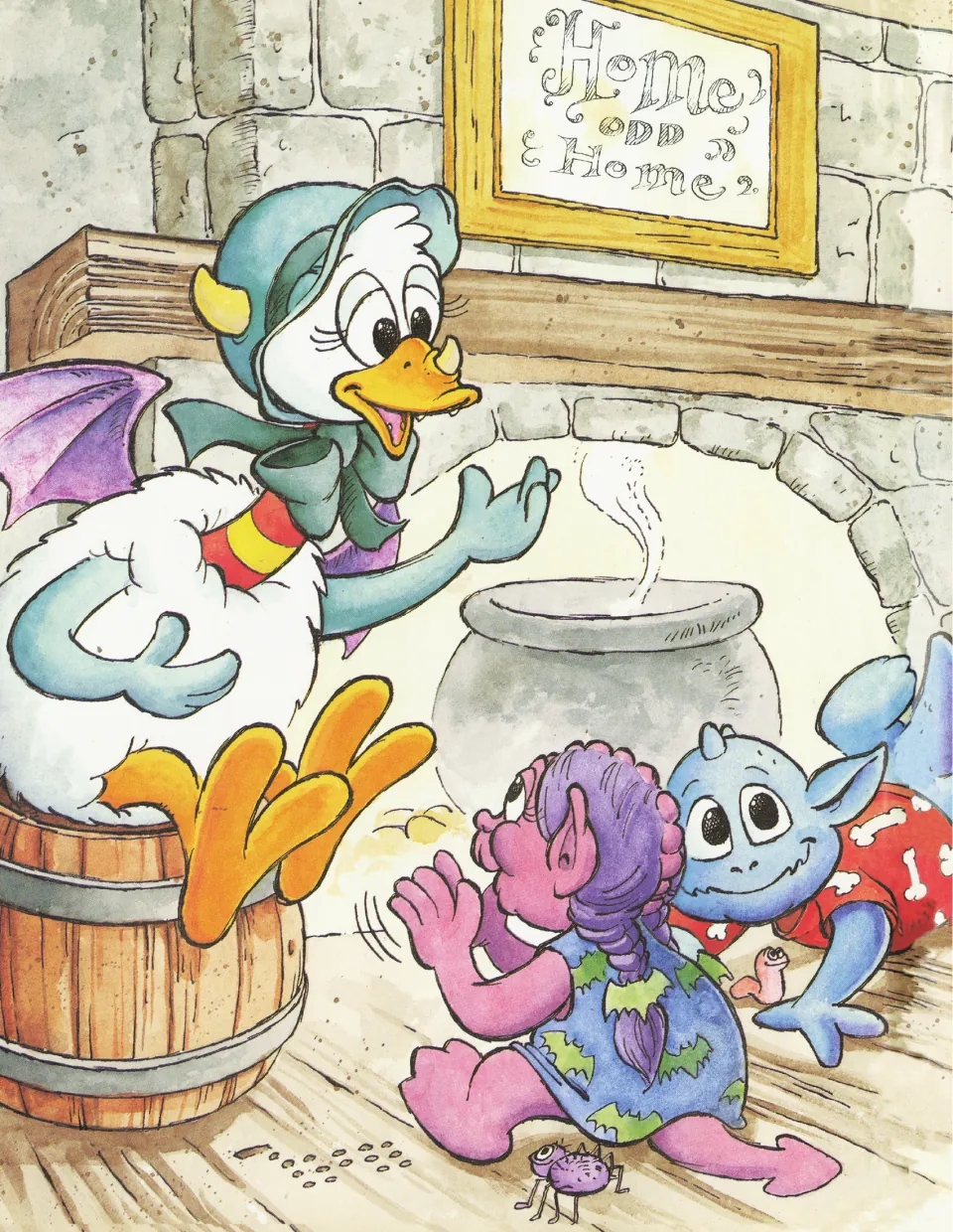 Opening story illustration: Monster Goose sits on a barrel beside a steaming pot as two little monsters look up