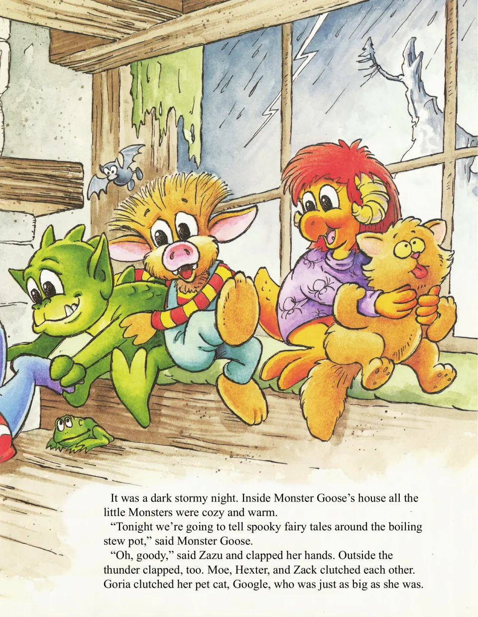 Story opening: on a dark stormy night, Monster Goose says they'll tell spooky fairy tales around the stew pot