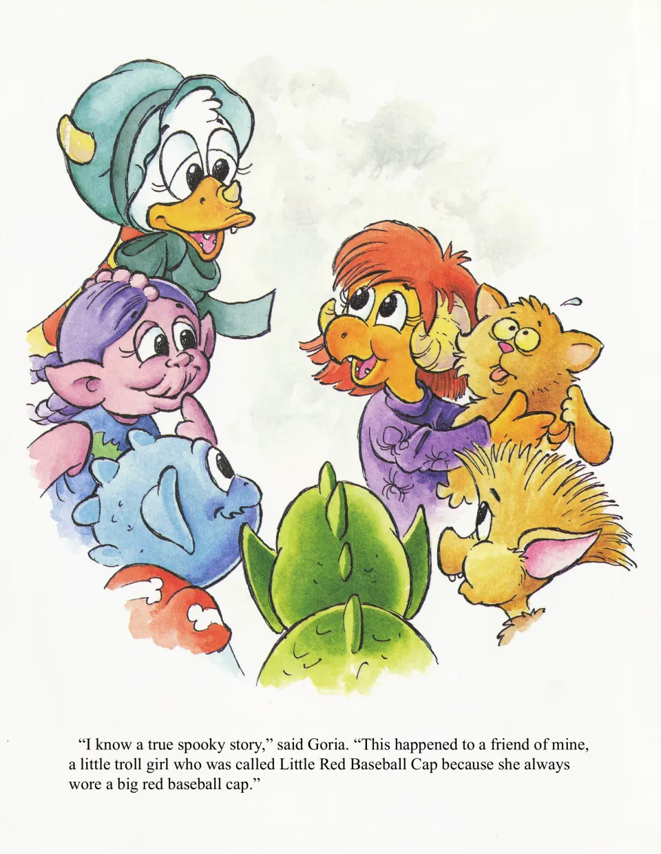 Goria offers a true spooky story about a troll girl called Little Red Baseball Cap, told to the gathered monsters