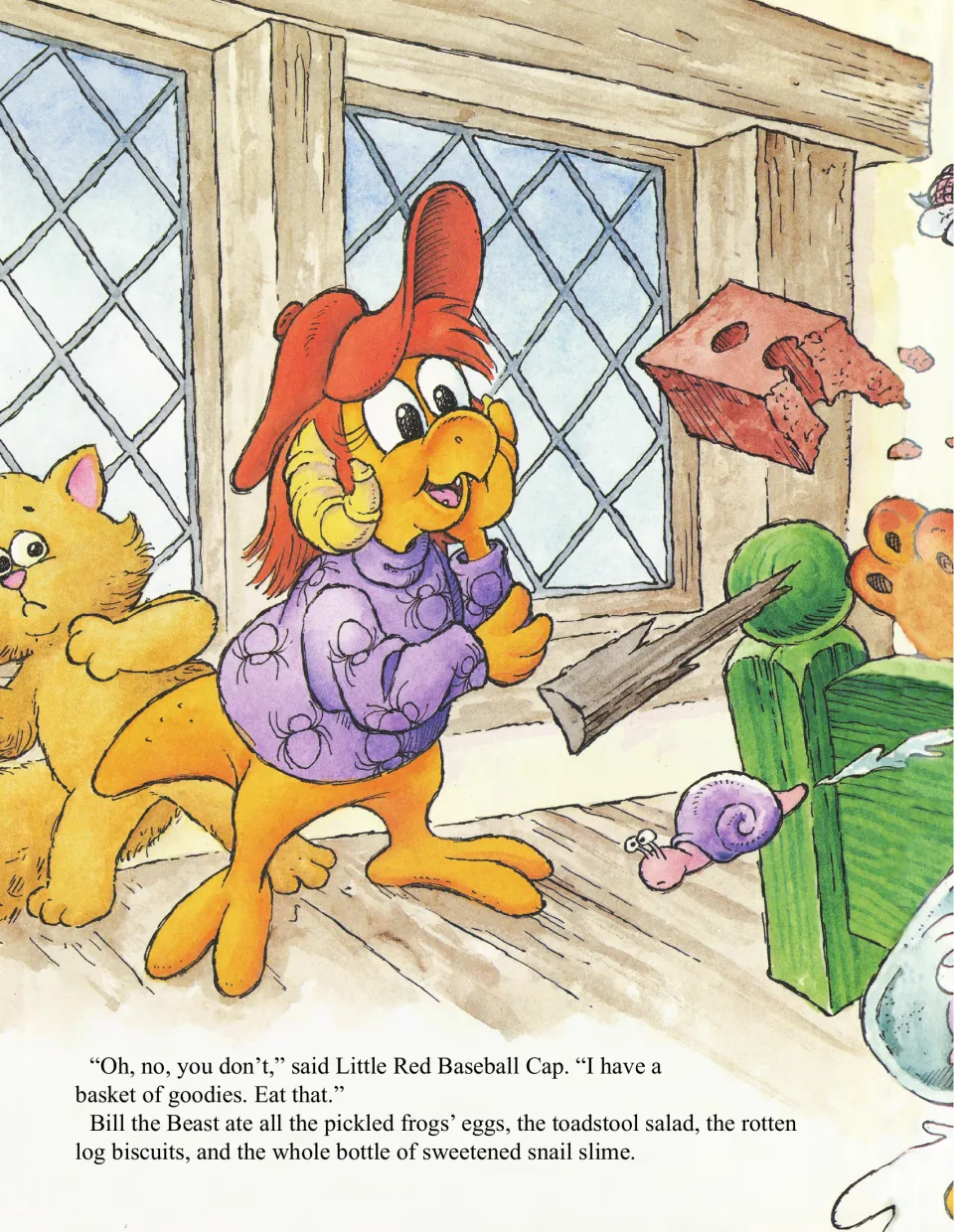 Little Red Baseball Cap tells the beast to eat her basket of goodies, and he eats it all, snail slime included