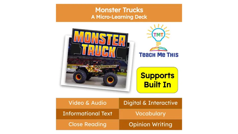 Cover of a monster truck micro-learning deck listing video, audio, informational text, and opinion writing