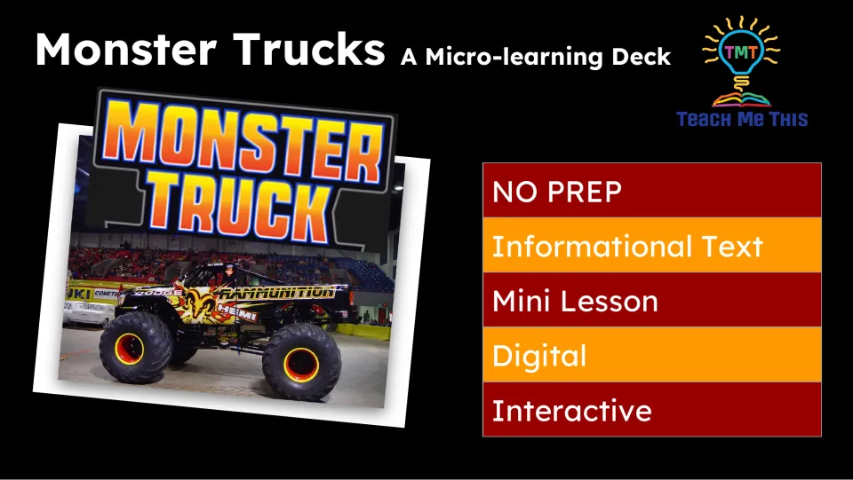 Title slide for the monster truck deck identifying a digital, interactive mini lesson with informational text